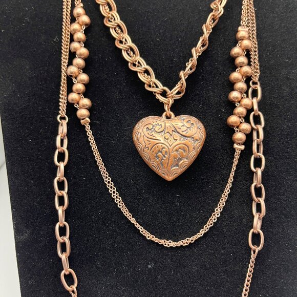 VTG Cookie Lee Multi-Layered Copper Heart Pendant Necklace‎ With Beads & Chains - Picture 5 of 5